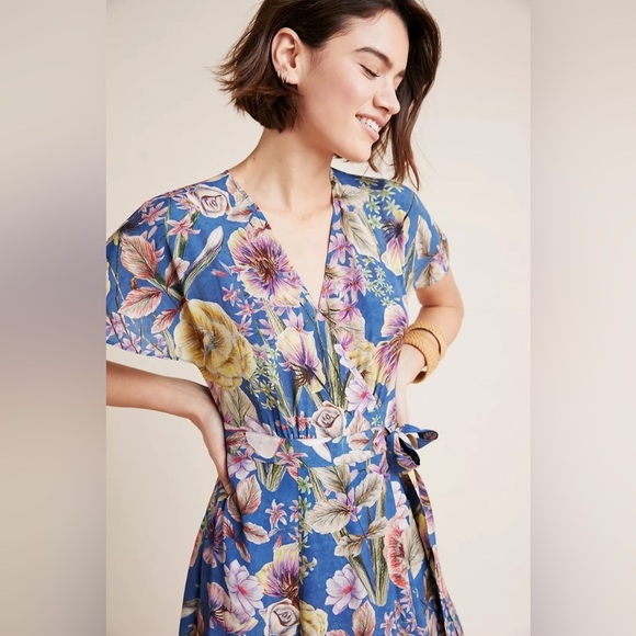 Kachel x Anthropologie Willow Wrap Silk Blend Midi Dress Floral Watercolor - Picture 3 of 13